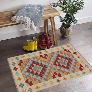Flat Weave Kilim, Antique, Navaho, Vintage, Handmade, Geometric Kilim Beige Red Hand-Woven Rectangle 100% Wool Area Rug 2 x 3